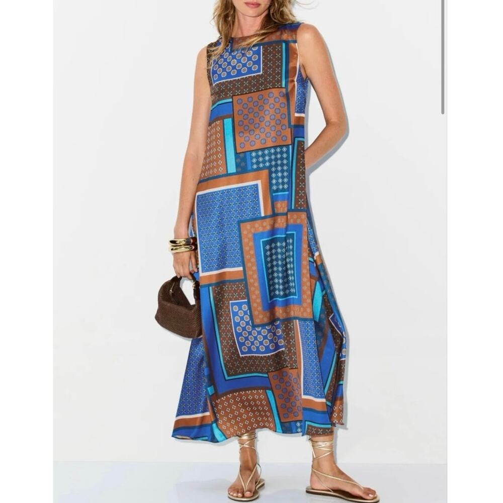 MISA Los Angeles Blue Sylvie abstract satin  Dress Small